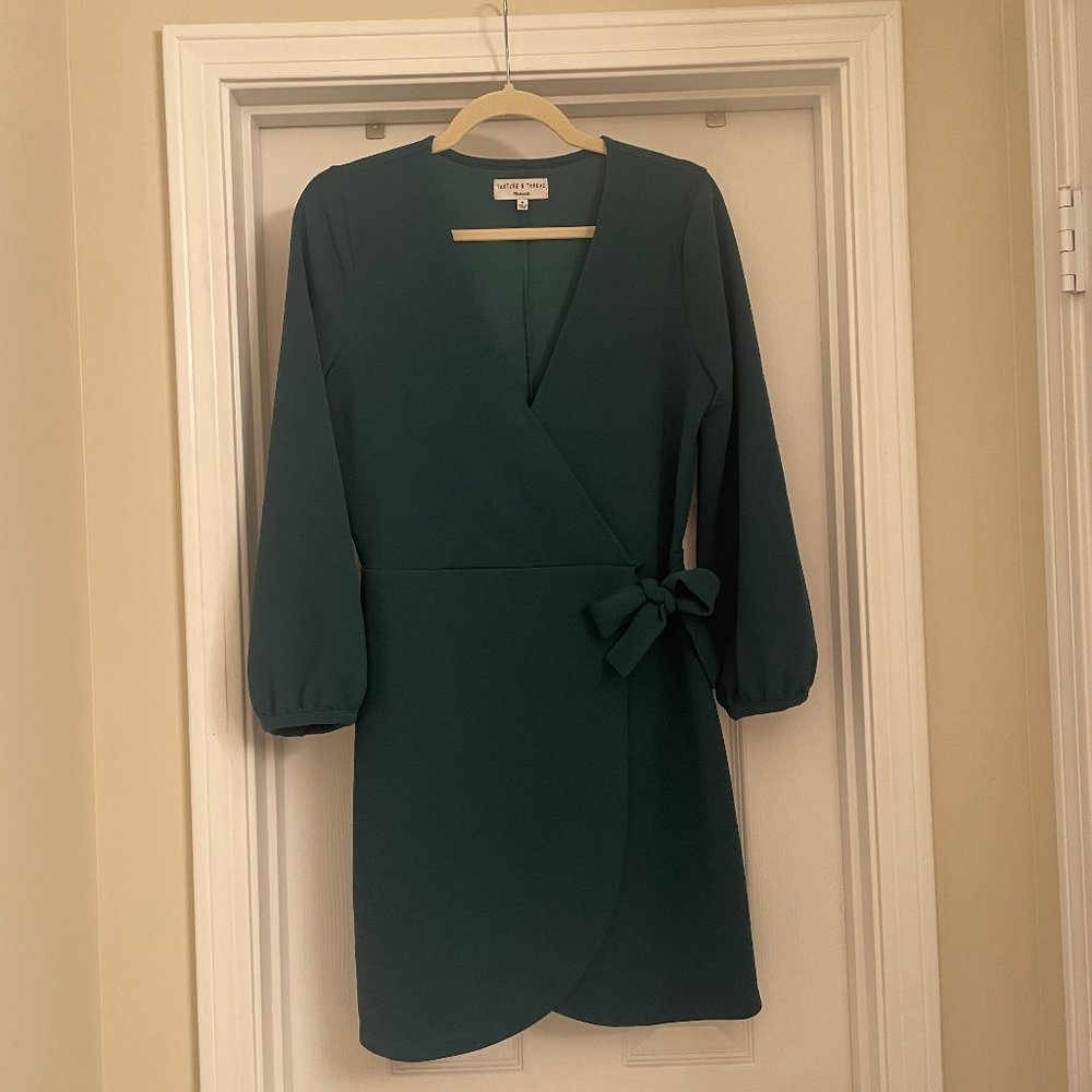 Madewell Texture & Thread Long Sleeve Side-Tie Dress Dark Green Size Small